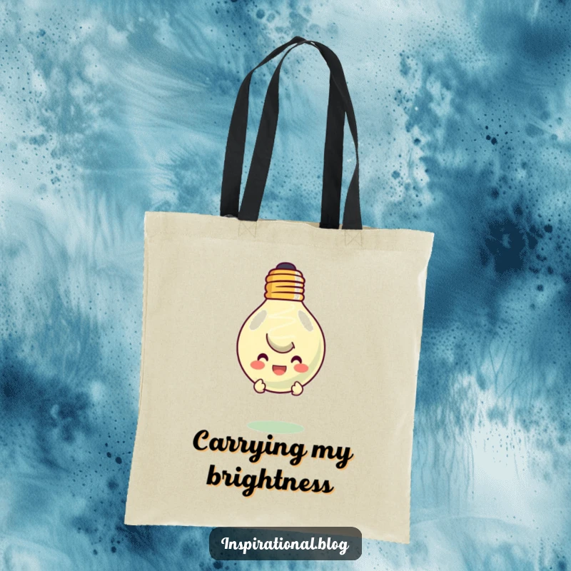 Funny tote bag with a character peeking from behind a smiling, floating lightbulb. Great for carrying ideas and essentials.