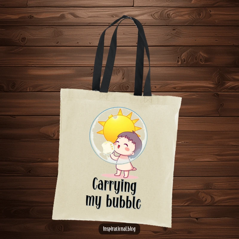 Funny character blowing a giant bubble reflecting a smiling sun, illustrated on a tote bag, perfect for carrying joy.