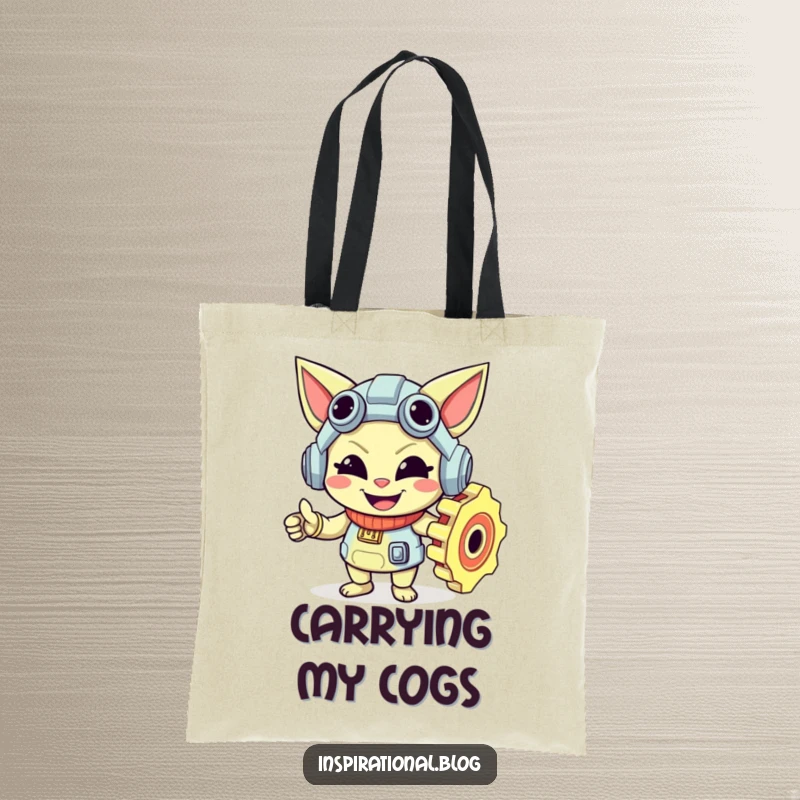 Funny gear character with a mischievous smile on its face, featured on a durable tote bag for carrying items.