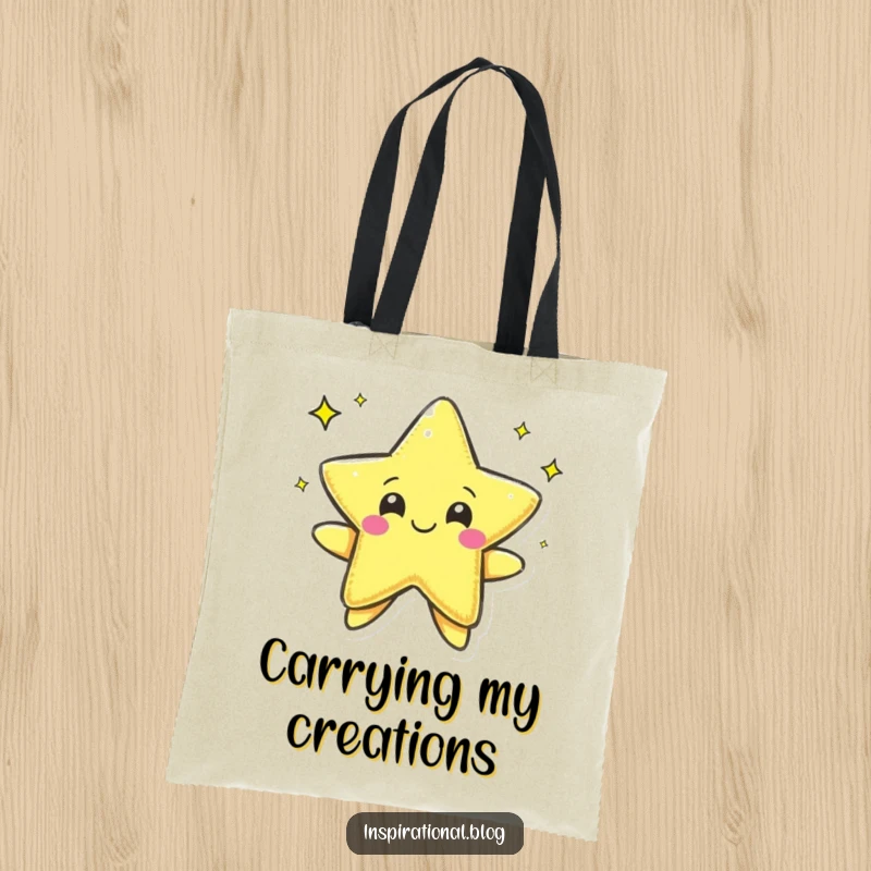 Funny tote bag showing a pen character happily drawing a star, perfect for carrying art supplies with a creative and cheerful theme.