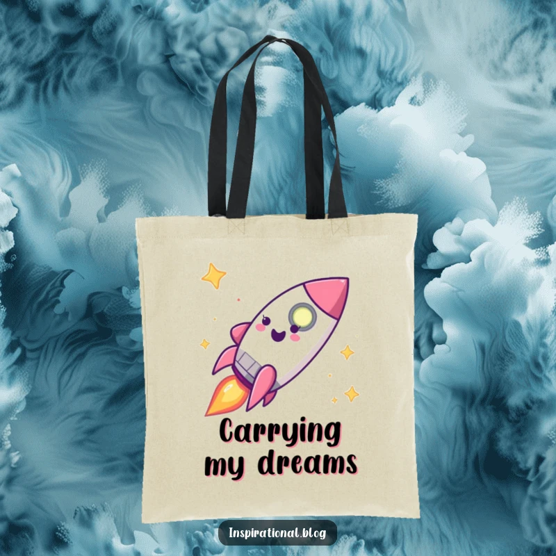 Funny happy rocket ship character soaring through space on a tote bag, perfect for cosmic carriers.