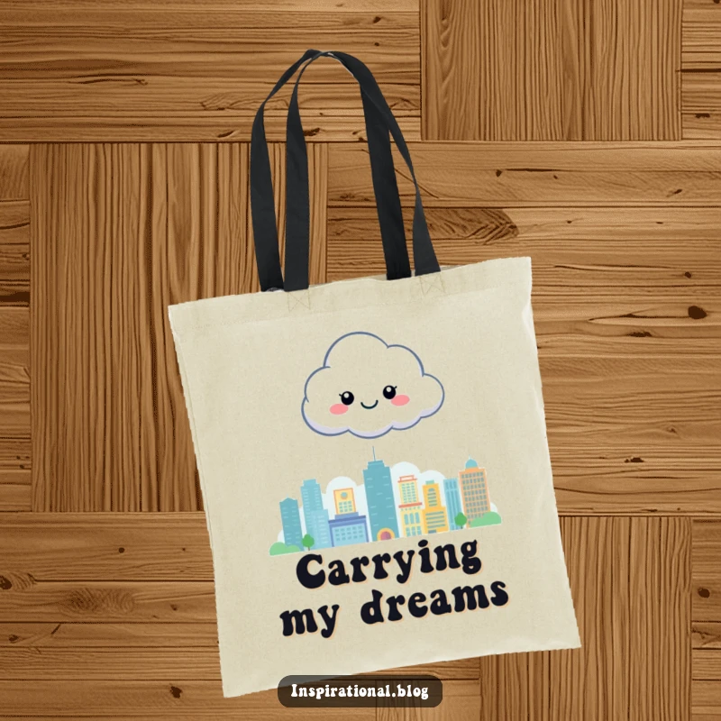 Funny tote bag featuring a happy cloud character floating above a cityscape, perfect for carrying everyday items with a smile.
