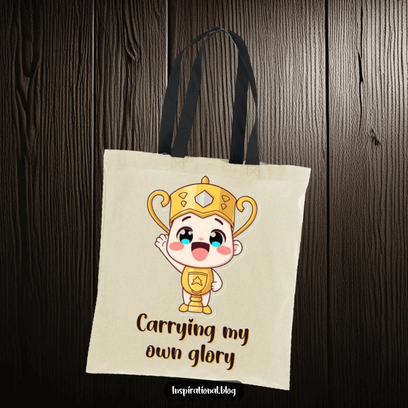 Funny trophy character beaming with pride, a humorous tote bag for carrying essentials and celebrating wins.