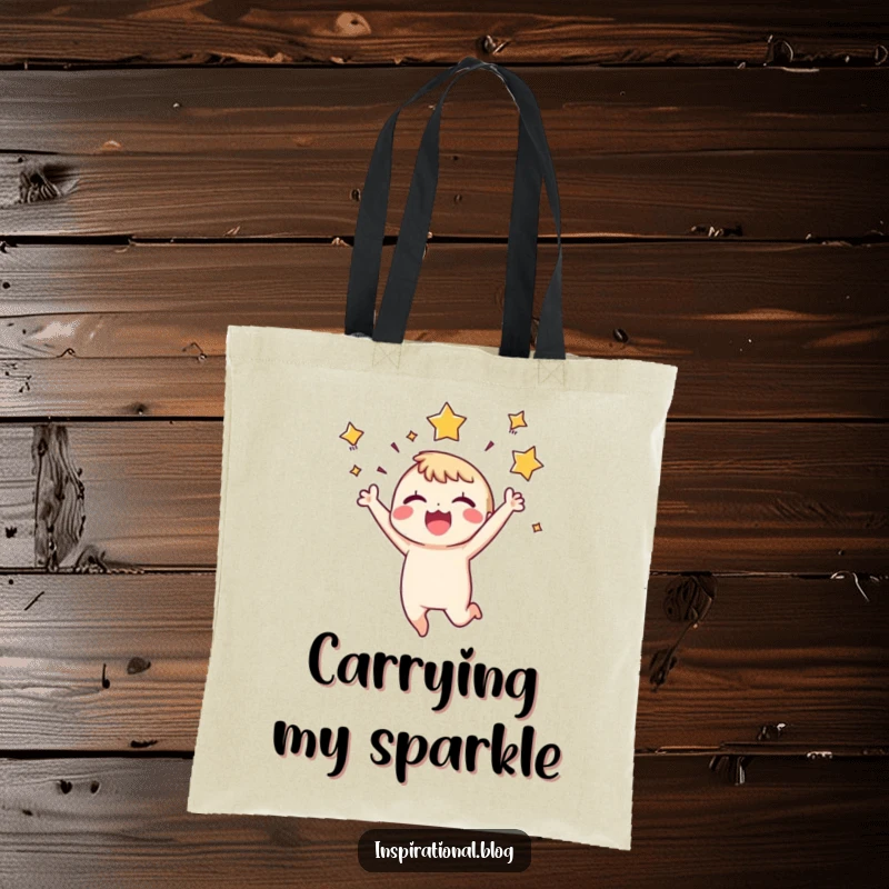 Funny Tote Bag: A tiny character leaps with pure joy, stars bursting around its head, symbolizing happiness and exuberant celebration.