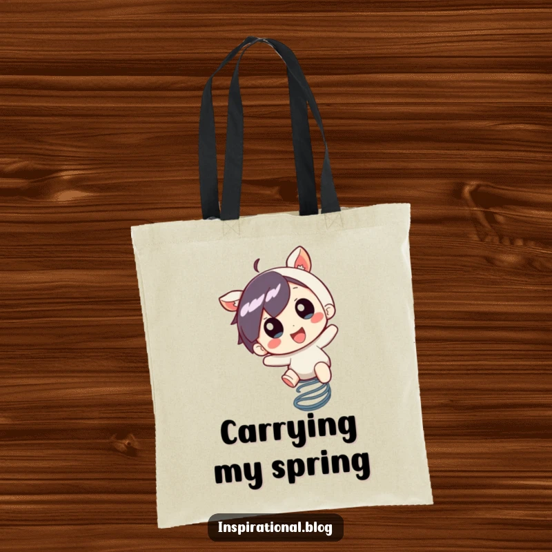 Funny Tote Bag: A little character bounces on a spring with pure excitement, ideal for carrying joyful essentials.