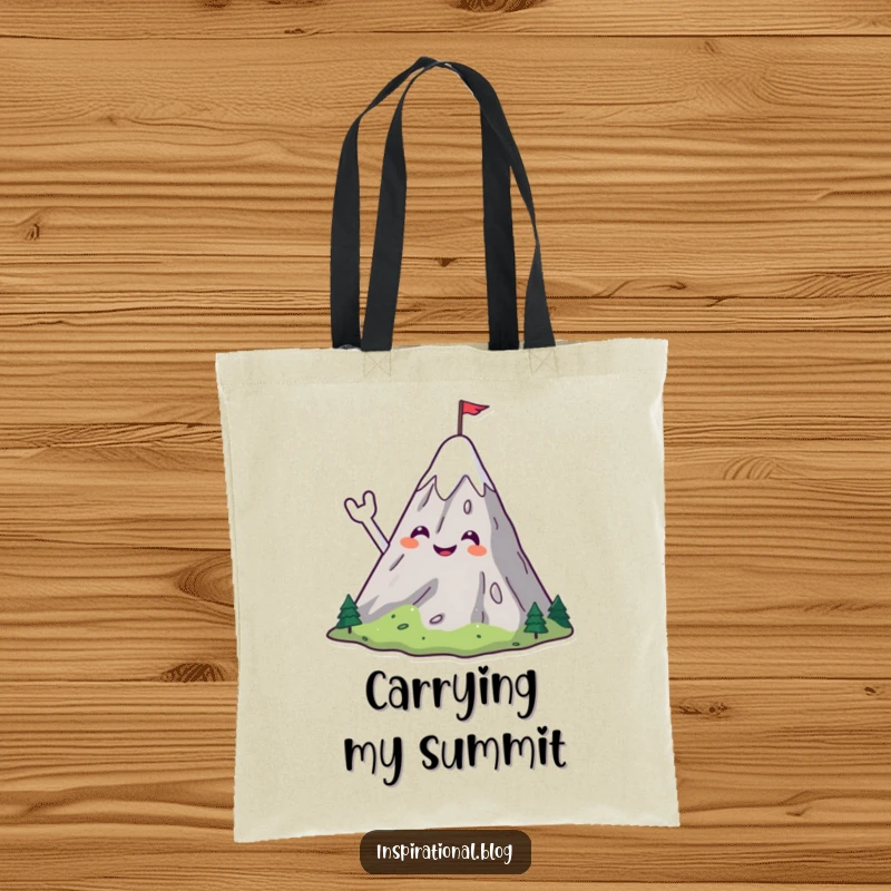 Funny tote bag showcasing a smiling mountain character cheerfully waving with a small flag on its peak, ready for adventure.