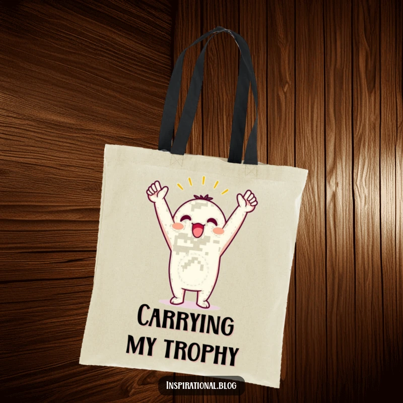 Funny tote bag featuring a kawaii character in a triumphant pose with arms raised, celebrating a successful moment.