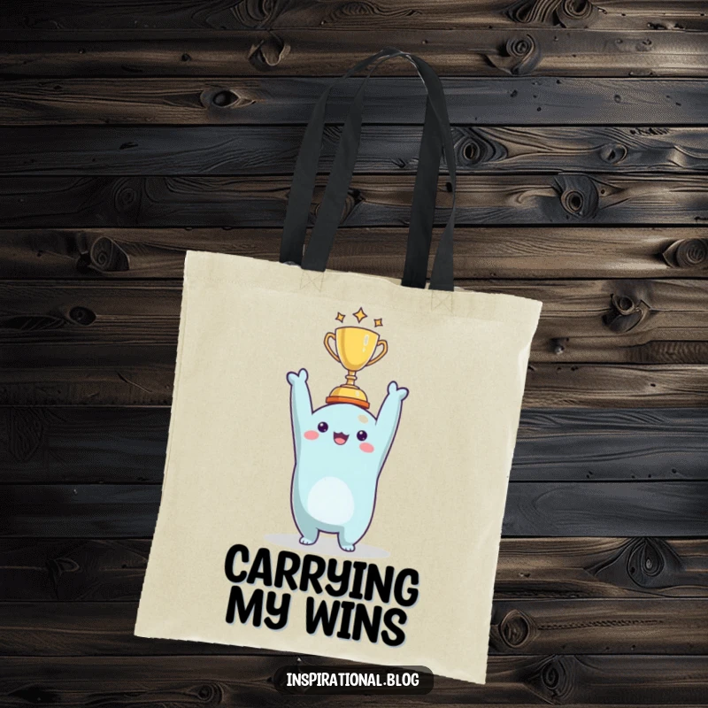 Funny character raising a tiny trophy on a tote bag, representing small wins and great achievements with humor.