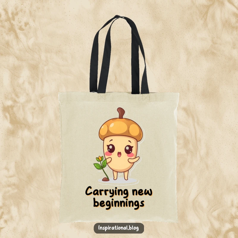 Funny tote bag with a surprised acorn character sprouting a happy sprout, perfect for carrying essentials.