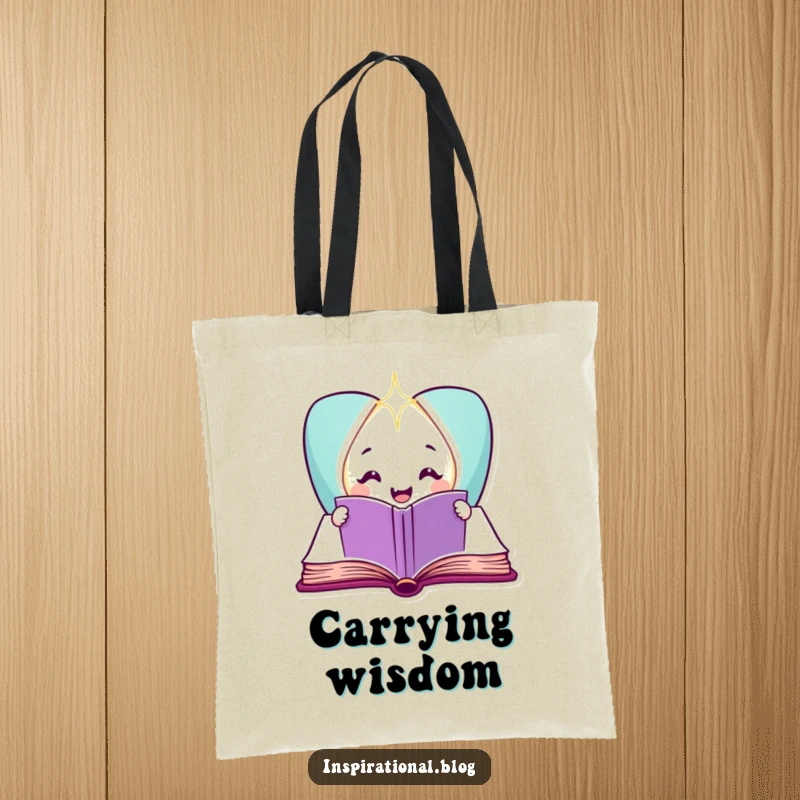 Funny smiling book character holding a sparkling light on a tote bag, perfect for carrying books.