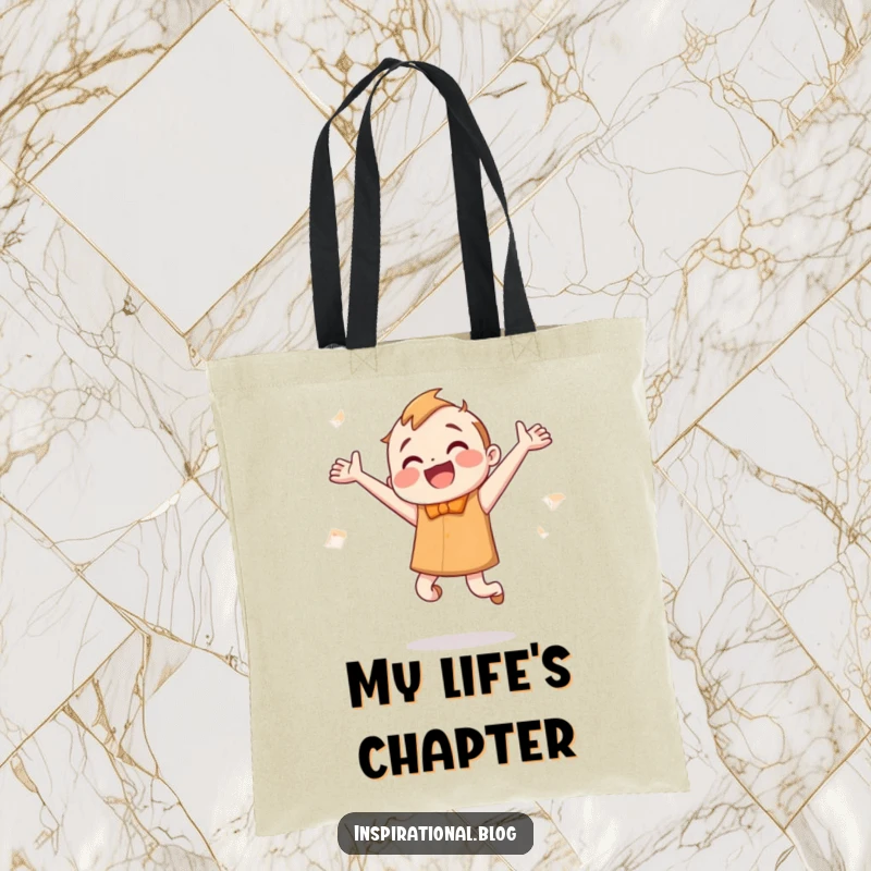 Funny Tote Bag: A happy, smiling book character jumps enthusiastically, pages fluttering, ideal for carrying books.