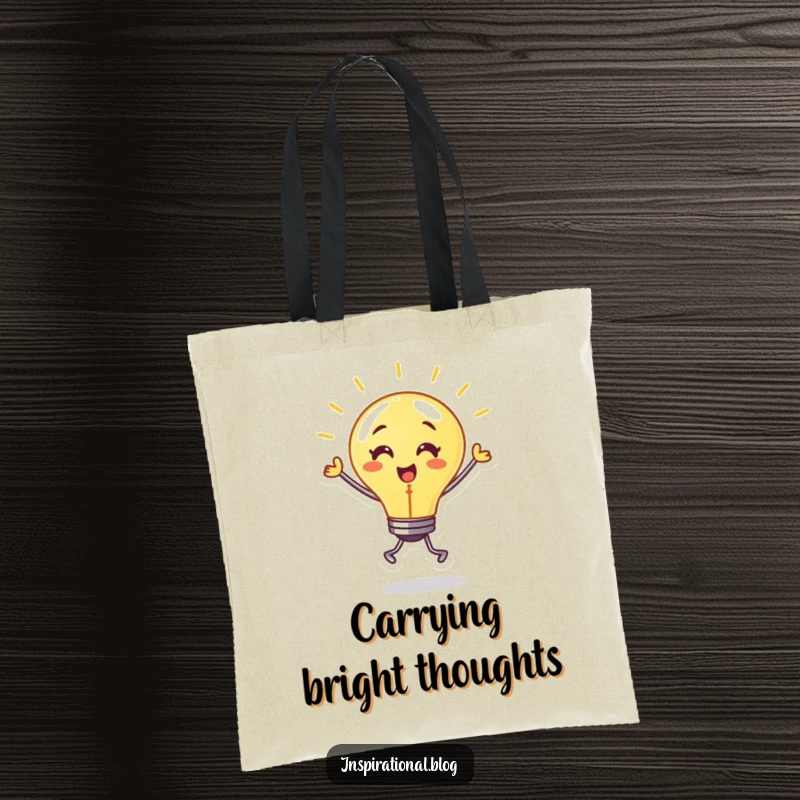 Funny tote bag featuring a dancing lightbulb character with a warm glow and energetic movement, symbolizing bright ideas.