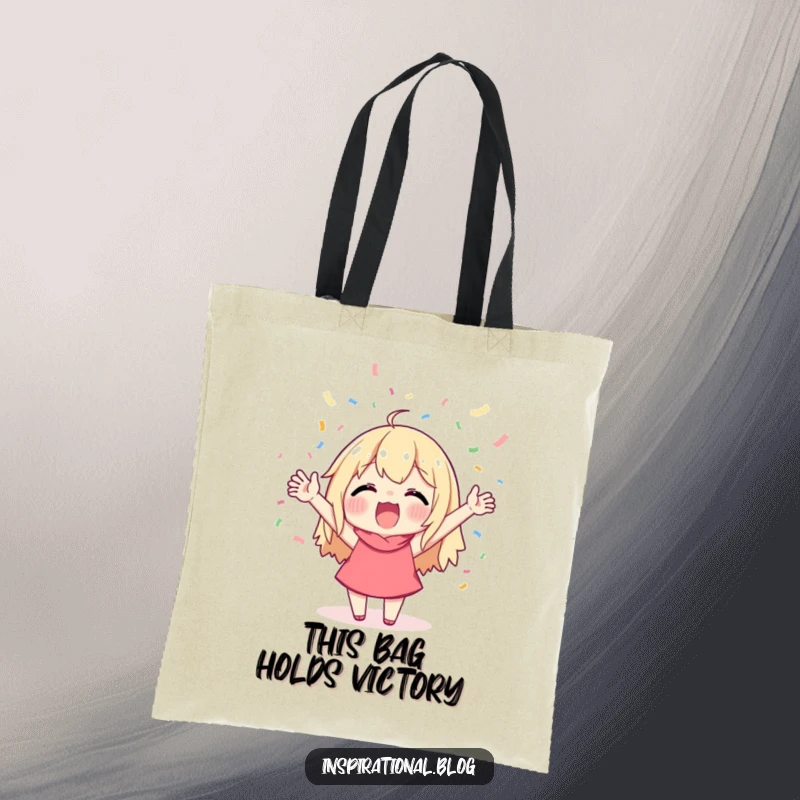 Funny tote bag featuring a character cheering enthusiastically with confetti raining down, perfect for carrying essentials with a festive flair.