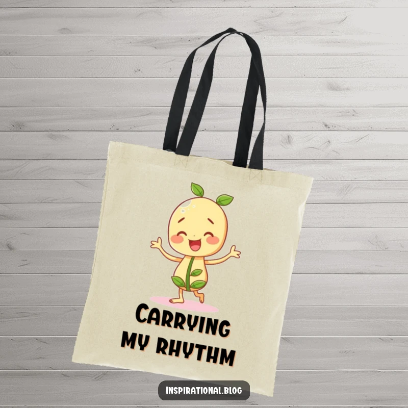 Funny seedling character doing a happy little jig on a tote bag, carrying joy and plant-themed fun.