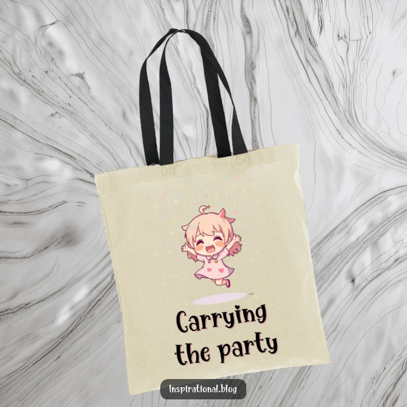 Funny tote bag showing a character dancing with abandon, showered by a vibrant explosion of confetti, symbolizing pure joy.