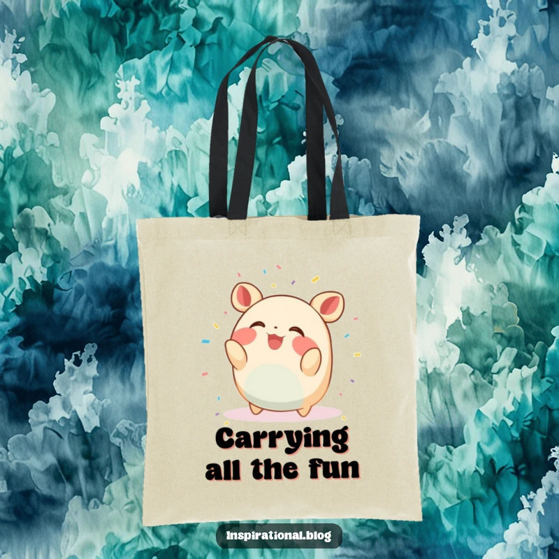 Funny Tote Bag: A small, round creature gleefully throws confetti and giggles, perfect for carrying happiness and essentials.