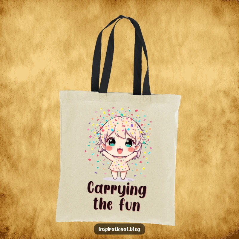 Funny tote bag featuring a character bursting with colorful confetti, perfect for carrying party supplies.