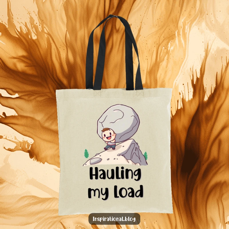 Funny tote bag with a determined character cheerfully pushing a giant boulder uphill, symbolizing perseverance and a positive attitude.