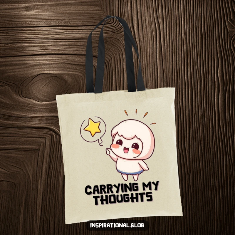 Funny tote bag with a cute character pointing at a bursting star, conveying excitement and wonder. Practical and cheerful.