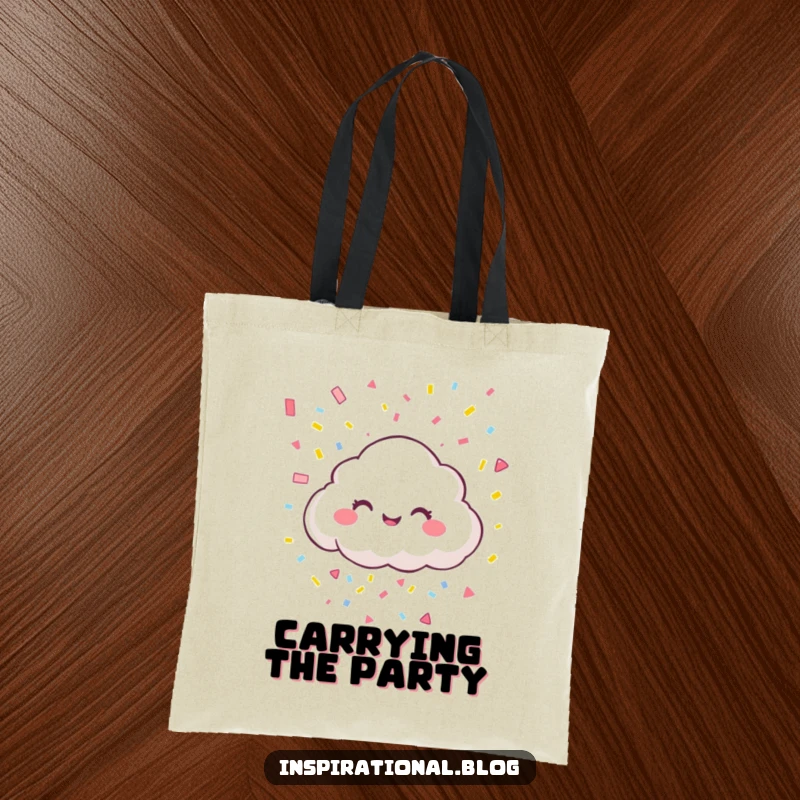 Funny tote bag showcasing a giggling cloud character raining colorful confetti, perfect for carrying essentials with a festive touch.