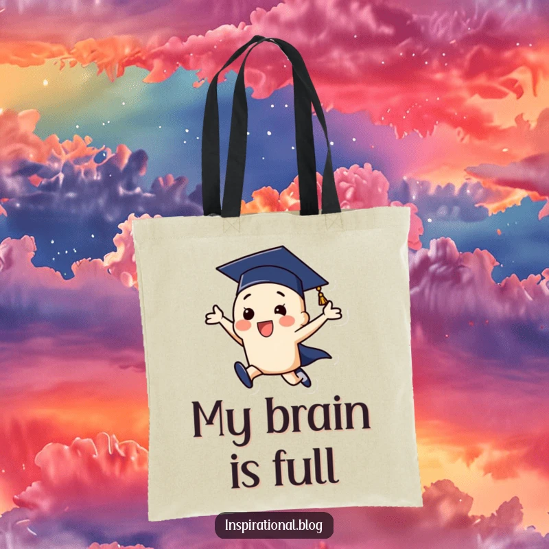Funny graduation cap character in a dynamic leap, a humorous tote bag for celebrating academic milestones.