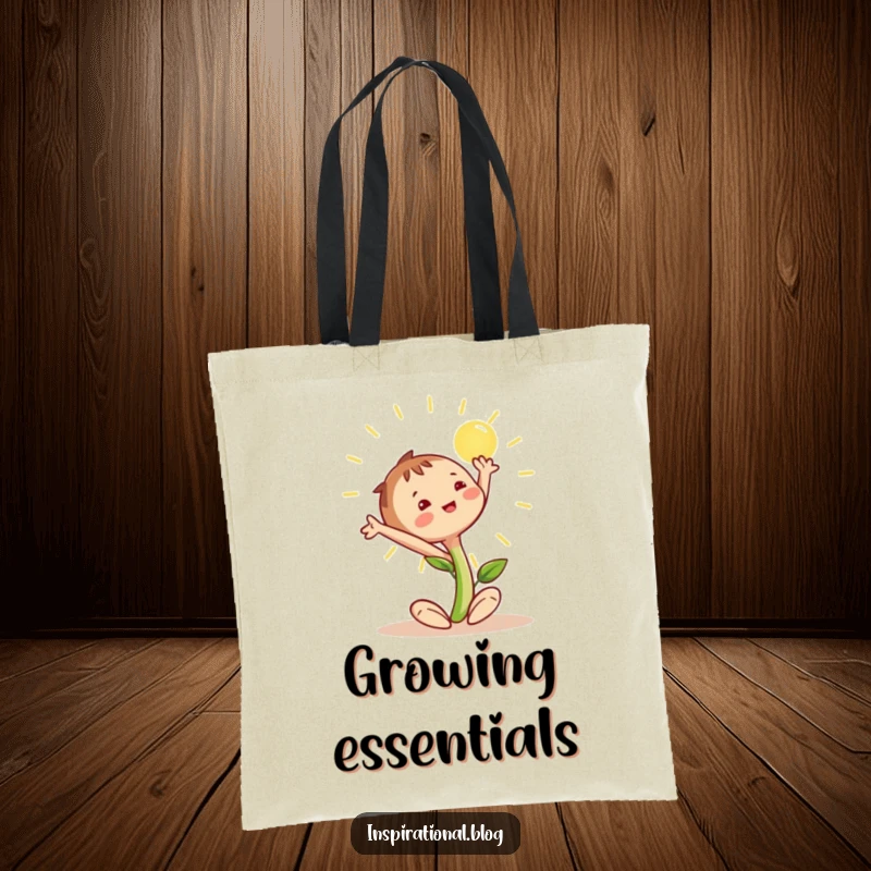 Funny seedling character stretching happily towards the sun, perfect for carrying groceries or books, on a tote bag.
