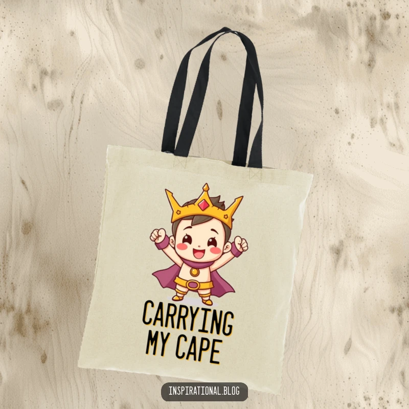 Funny Hero Tote Bag with a cheerful, tiny character striking a heroic pose, practical for carrying achievements.