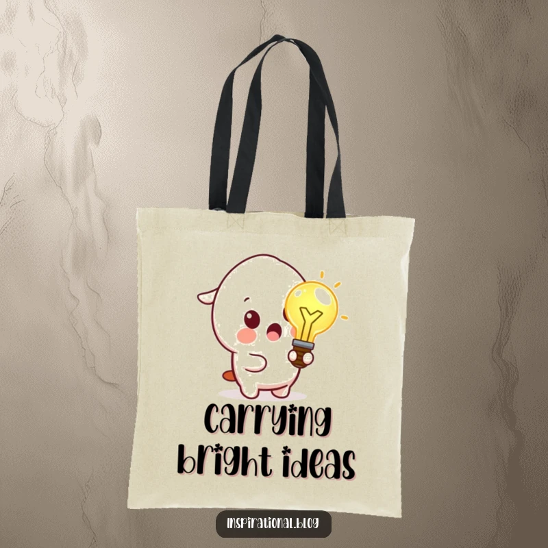 Funny tote bag featuring a surprised kawaii character holding a glowing lightbulb, representing a moment of inspiration.