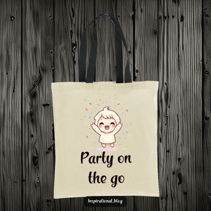 Funny tote bag featuring a kawaii character gleefully launching a confetti bomb, scattering colorful celebrations.