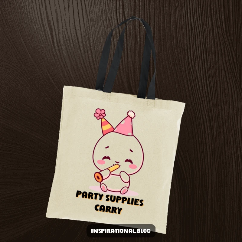 Funny tote bag featuring a celebratory kawaii character in a party hat, playing a kazoo, perfect for carrying fun.