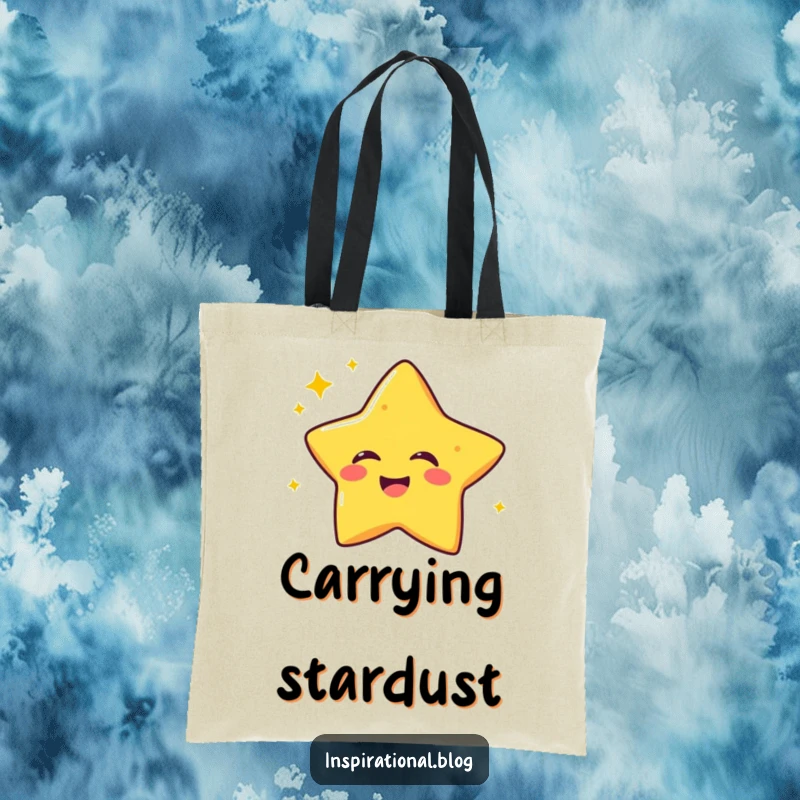 Funny tote bag showcasing a laughing star character twinkling with joy, ideal for carrying daily essentials with cosmic flair.