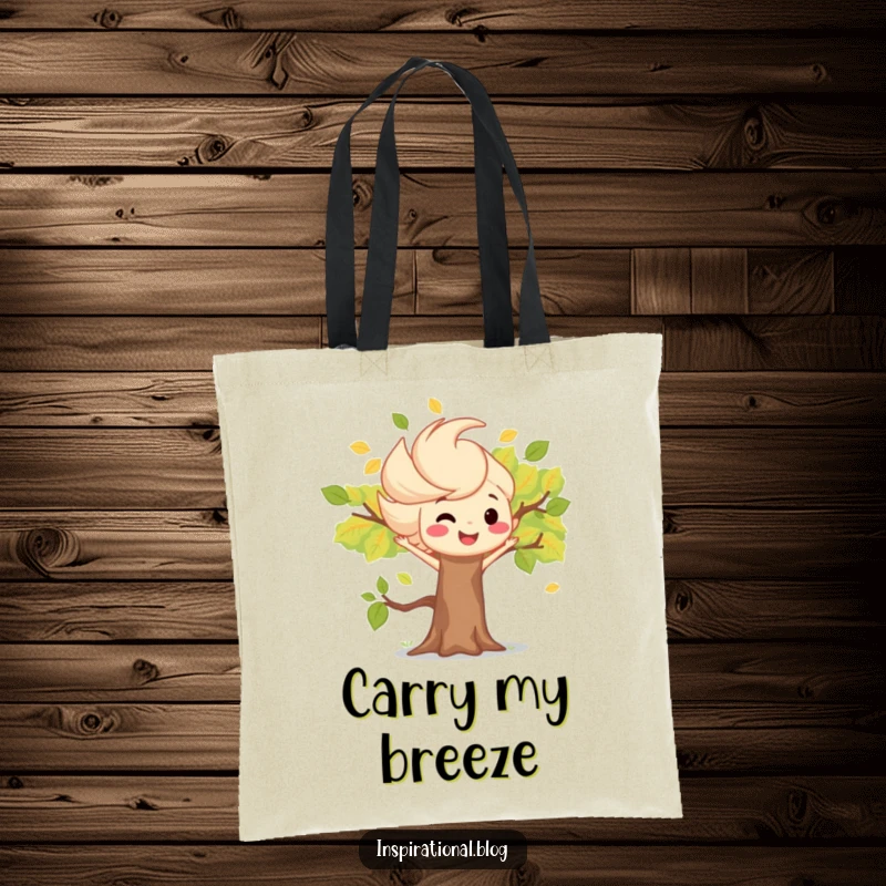 Funny tote bag depicting a mischievous wind gust character playfully swirling leaves around a delightful smiling tree.