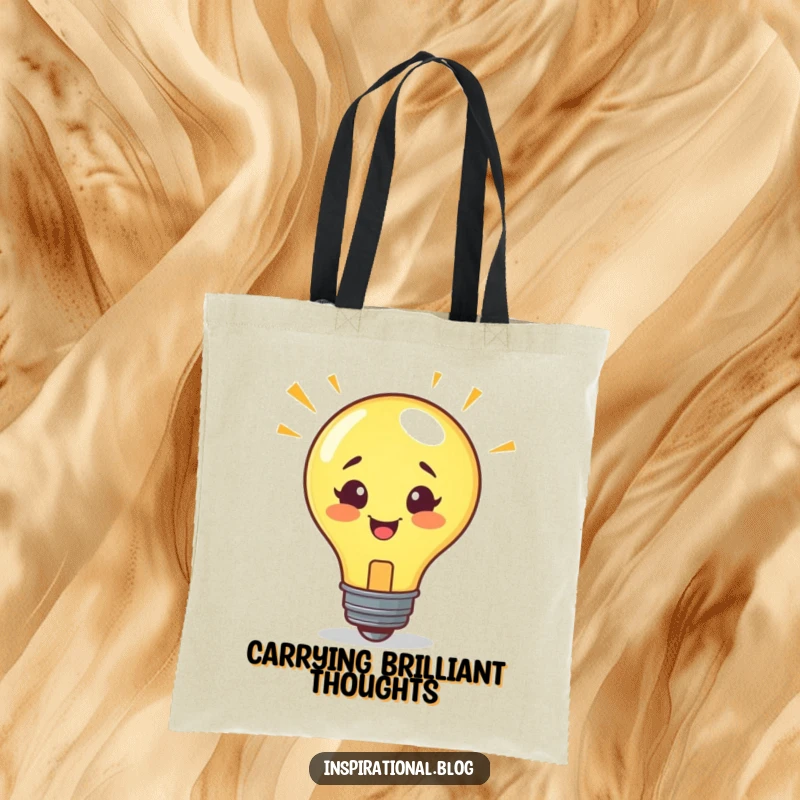 Funny tote bag featuring a smiling lightbulb character celebrating a sudden, brilliant idea, great for carrying inspiration.