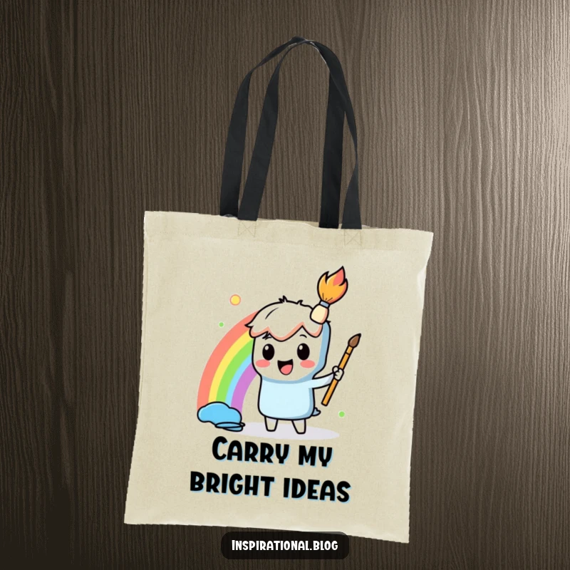 Funny Tote Bag with a cheerful paintbrush character painting a beautiful rainbow, perfect for carrying creativity and essentials with style.