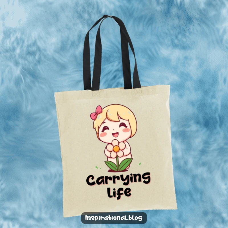 Funny tote bag with a happy character planting a smiling flower, perfect for carrying gardening supplies.