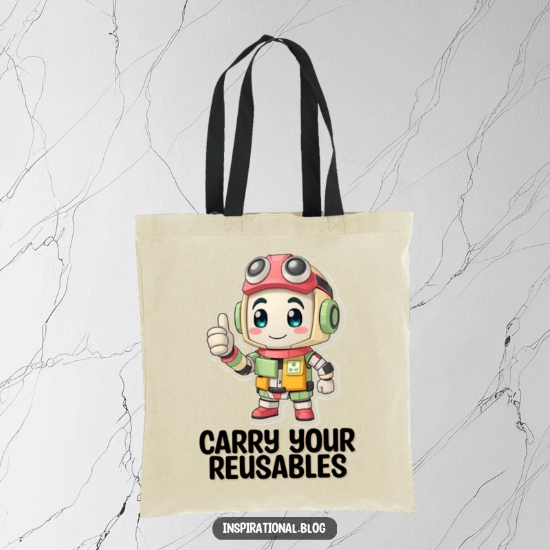Funny tote bag featuring a resilient character made from recycled parts enthusiastically giving a thumbs-up.