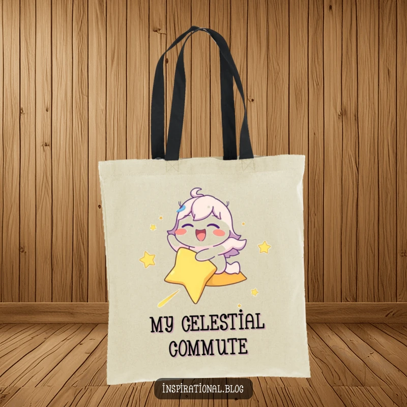 Funny tote bag with a cheerful character eyes closed, riding a shooting star, perfect for carrying humor and essentials.