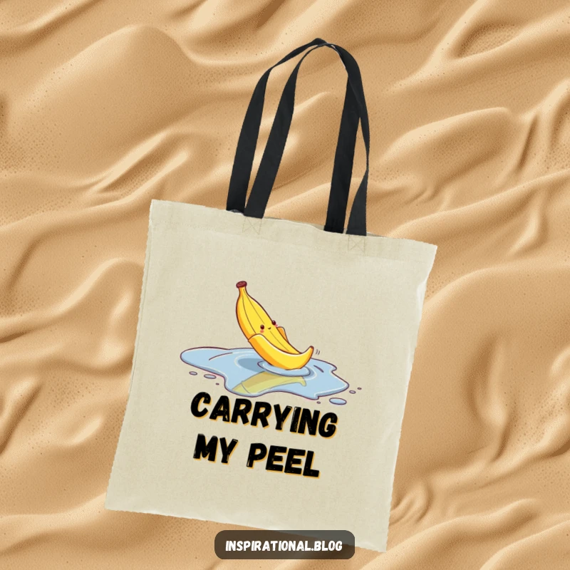 Funny tote bag depicting a banana peel comically slipping on a puddle, perfect for carrying items with a humorous, attention-grabbing design.