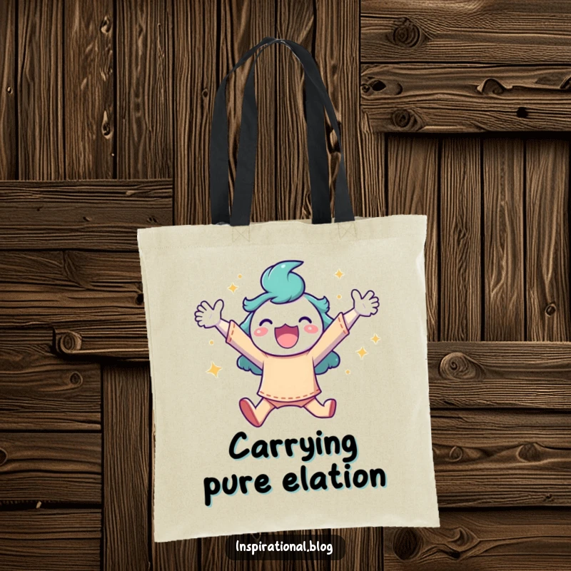 Funny tote bag featuring a character in a dynamic, joyful leap surrounded by a flurry of bright, celebratory sparkles.