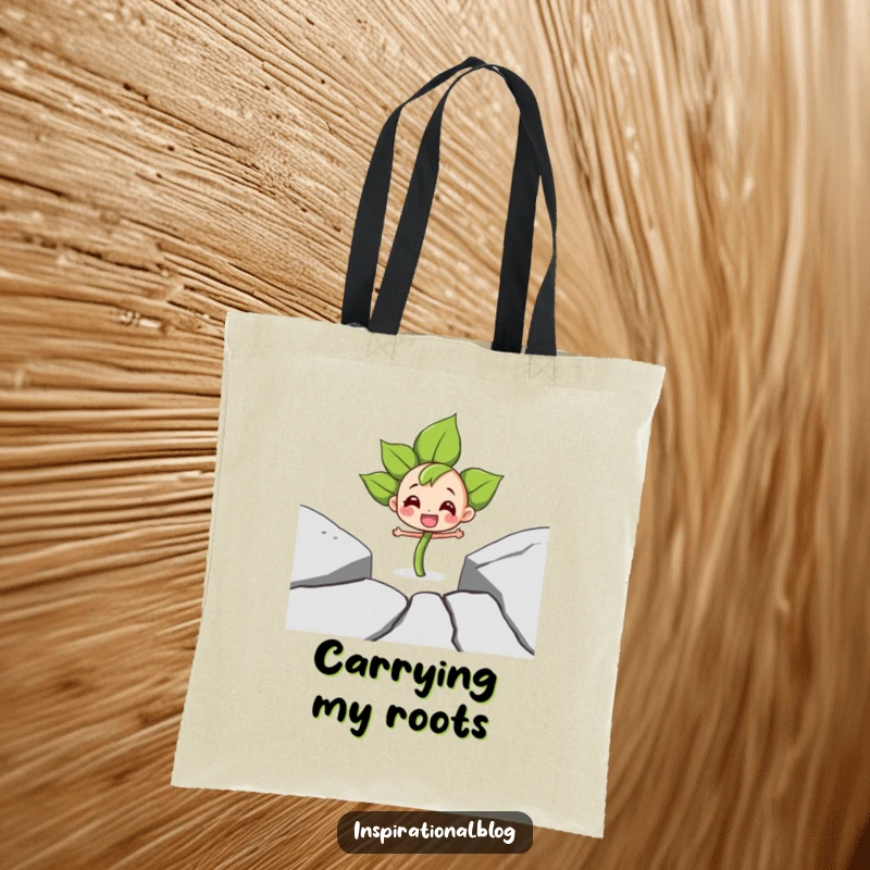 Funny tote bag showcasing a determined sprout character joyfully pushing through a crack in the pavement, symbolizing relentless growth.