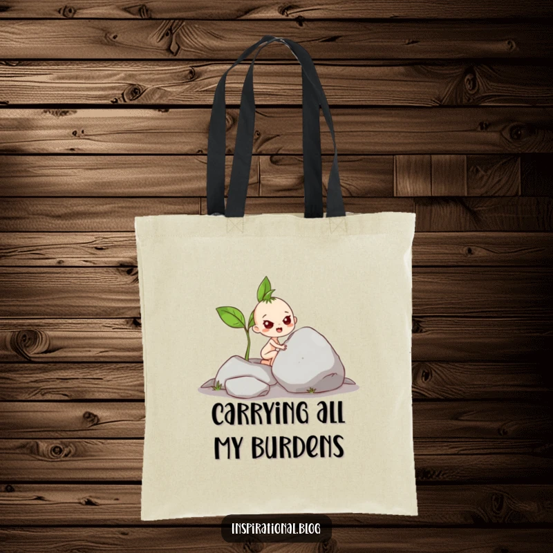 Funny Tote Bag: Strong canvas bag with a determined sprout character pushing a giant rock, great for everyday humor.