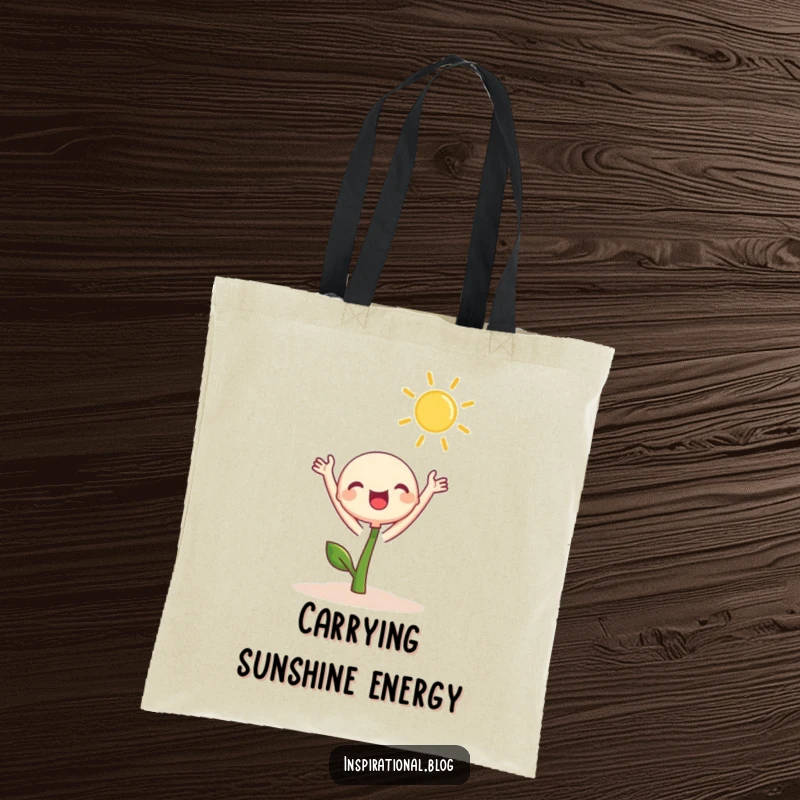 Funny Tote Bag depicting a cute sprout character joyfully reaching towards a bright sun, perfect for carrying essentials with cheerful energy.