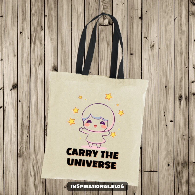 Funny tote bag depicting a joyful character juggling illuminated stars, showcasing a fun and whimsical design for daily use.