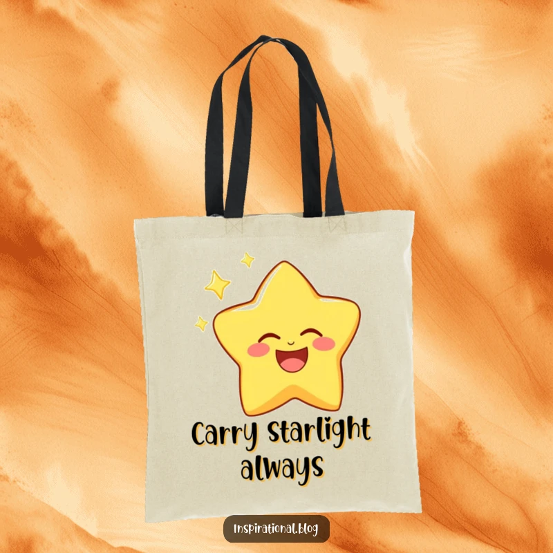 Funny tote bag depicting a jubilant star character sparkling brightly with a contagious, joyful twinkle.