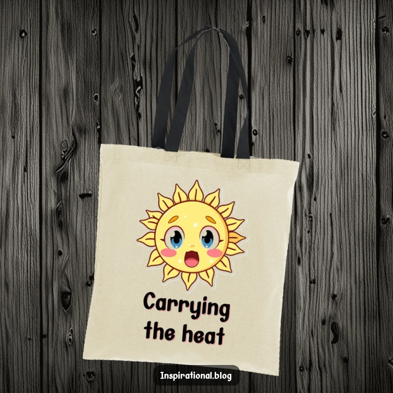 Funny tote bag featuring a surprised sun character with wide eyes, perfect for carrying items with a humorous, astonished vibe.