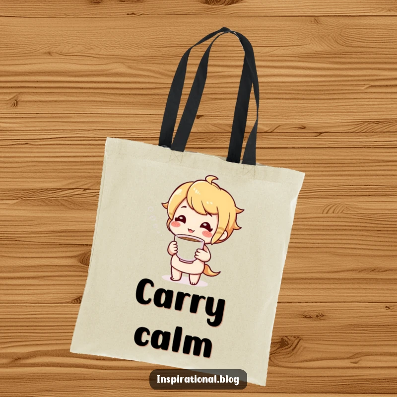 Funny tote bag featuring a cheerful character offering a cup of tea, perfect for carrying tea supplies.