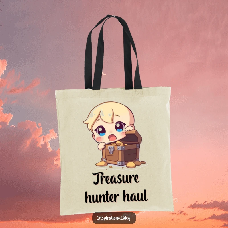 Funny tote bag illustrating a character's wide-eyed surprise upon discovering a chest brimming with hidden treasures.