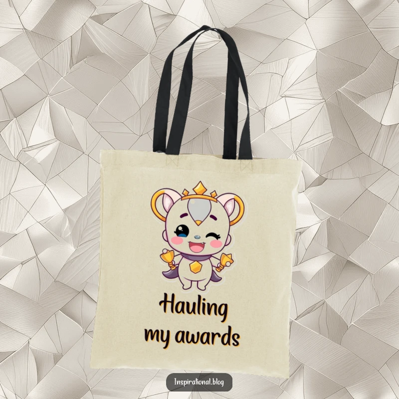 Funny Trophy Character beaming with pride on a durable tote bag, symbolizing victory and cheerful accomplishment.
