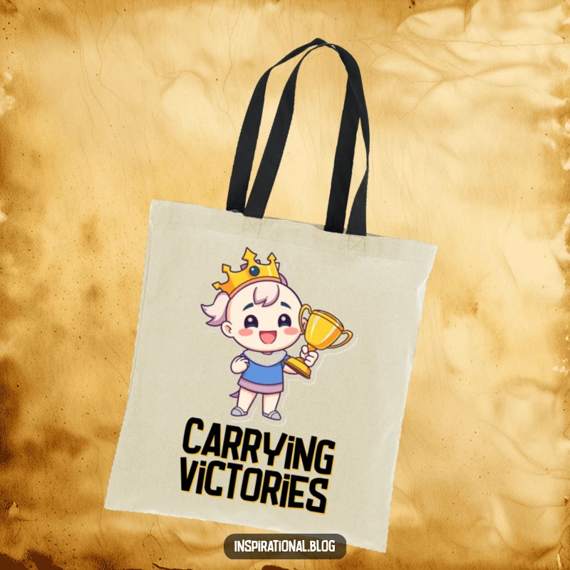 Funny tote bag illustration of a proud character holding a trophy, symbolizing achievement and success, perfect for carrying celebration essentials.