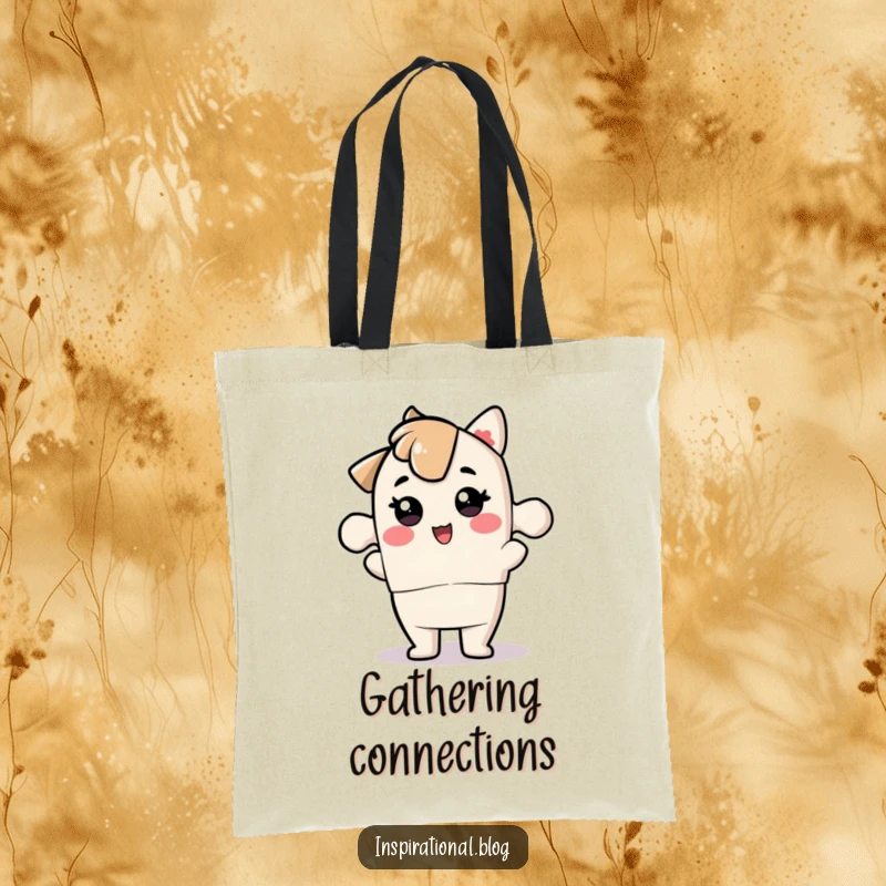 Funny jigsaw puzzle piece character fitting perfectly on a tote bag, symbolizing organization and completeness.